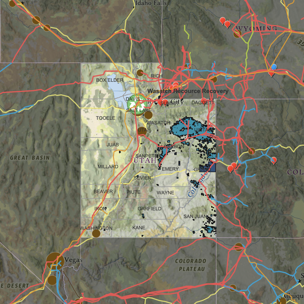 A photo of Utah with lines illustrating the different energy types throughout the state.