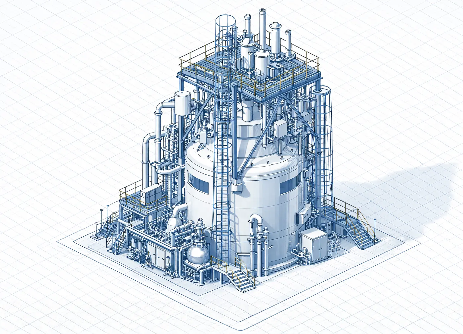 Blueprint-style illustration of small modular nuclear reactor 