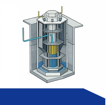 Cutaway diagram of a compact nuclear reactor showing stacked internal components, fuel rods in the core, and coolant pipes entering and exiting the surrounding containment structure