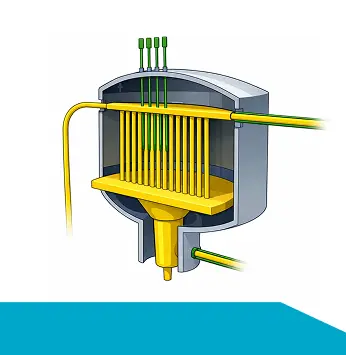 Cutaway diagram of a nuclear reactor core showing vertical fuel rods, control rods inserted from above, and coolant pipes 