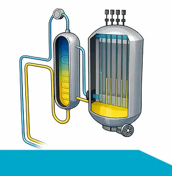 Diagram of a nuclear reactor connected to a heat exchanger, showing fuel rods in the reactor vessel and coolant pipes circulating between the two units