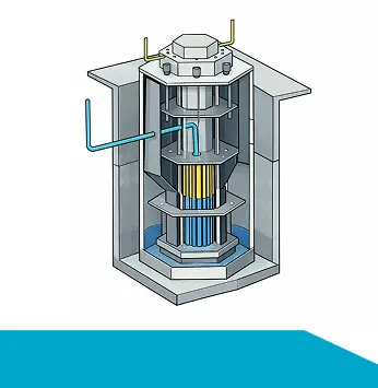 Cutaway diagram of a compact nuclear reactor showing stacked internal components, fuel rods in the core, and coolant pipes entering and exiting the surrounding containment structure
