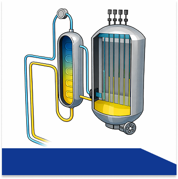 Diagram of a nuclear reactor connected to a heat exchanger, showing fuel rods in the reactor vessel and coolant pipes circulating between the two units