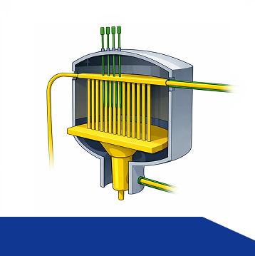 Cutaway diagram of a nuclear reactor core showing vertical fuel rods, control rods inserted from above, and coolant pipes 