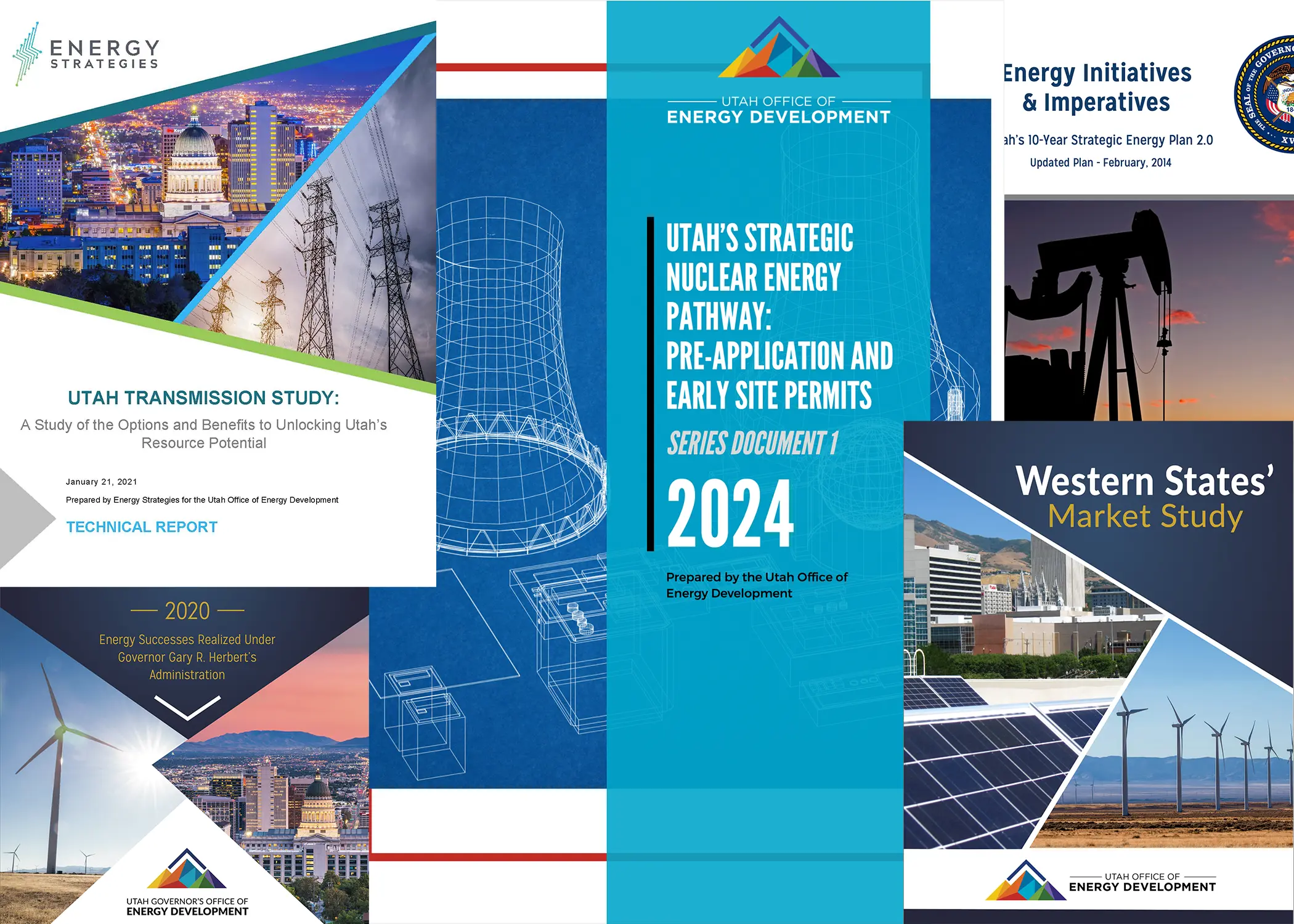 Covers of various studies and reports regarding Utah's nuclear energy and policies